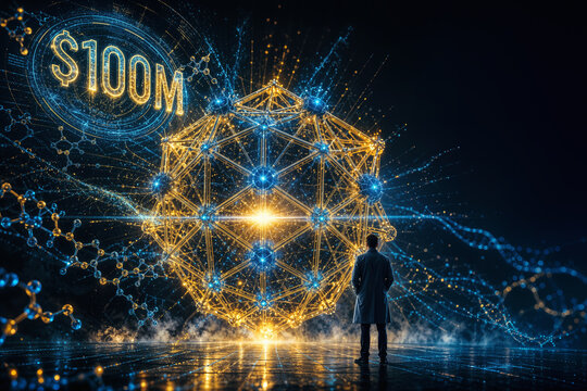 $100M biotech research funding explosion visualized as luminous golden geodesic viral capsid with scientist silhouette and molecular data rings