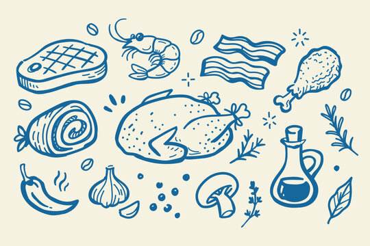 Hand Drawn Meat and Roast Chicken Doodle Set Vector Illustration with Steak, Bacon, Shrimp and BBQ Ingredients in Minimal Sketch Style