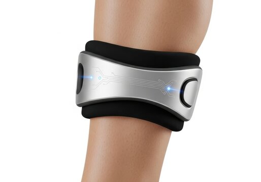 Silver and black electronic muscle stimulator device on arm isolated on white background