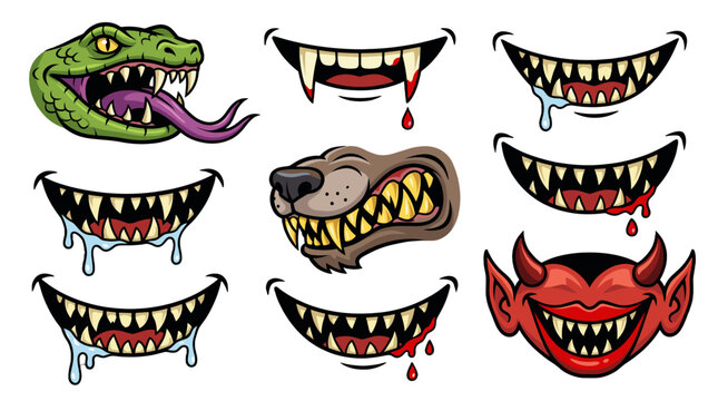 Set of cartoon monster mouths and animal heads in vector style