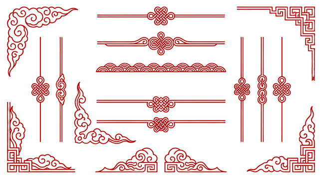 Red ornamental border and knot line elements set