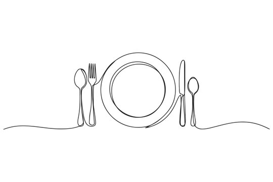 Elegant dinner table setting with plates and silverware in continuous line art, continuous