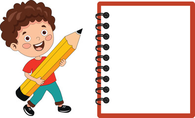 Cartoon school boy holding giant pencil next to blank notebook, cute student character with spiral notepad, back to school education vector illustration