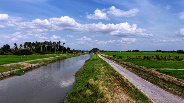 Drone footage showing canal, road and rice paddies in Kampung Agong village.