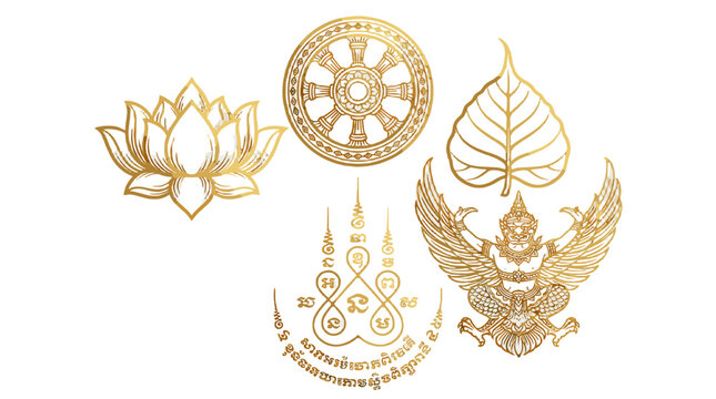 Golden line art set with lotus leaf wheel and winged emblem