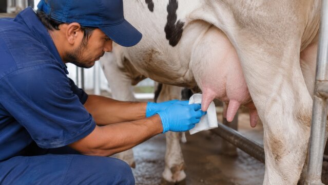 male farm worker cleaning cow udder with sanitary wipe before automatic milking, dairy hygiene, livestock care and food safety concept