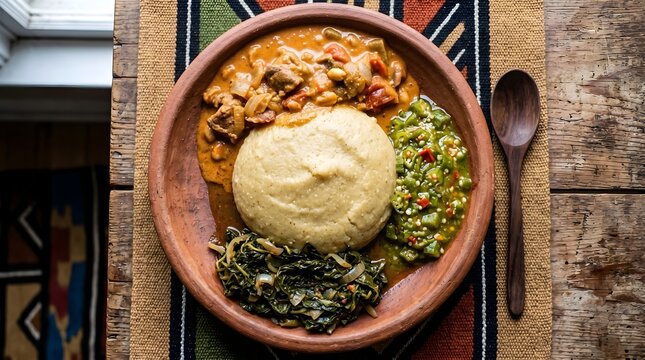 Traditional African fufu with peanut soup and okra, authentic West African meal on clay plate, ethnic cuisine with pounded yam and greens