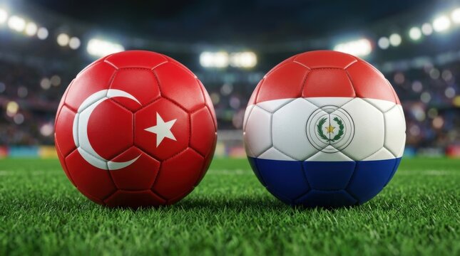 Two footballs with Turkey and Paraguay national flag designs side by side on green turf