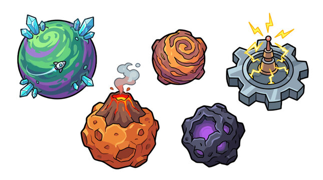 Cartoon fantasy planet and asteroid icon set