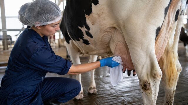 Female farm worker in protective clothing cleans and prepares a dairy cow udder with a white cloth in a modern milking parlor, representing hygiene, livestock care and milk production