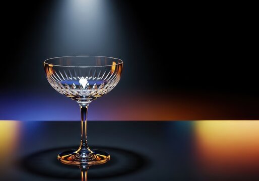 Empty, crystal clear cocktail stemware resting on a reflective surface, emphasizing elegance and high-end beverage service, martiniglass, refined, thin