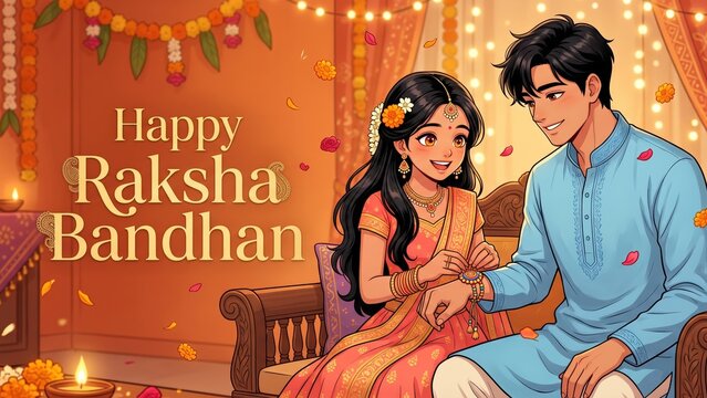 Stylized Raksha Bandhan Illustration &ndash; Sister Tying Rakhi Celebration