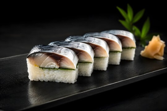 Fresh mackerel sushi nigiri on a black ceramic plate