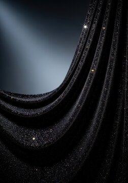Luxurious black velvet fabric draped dramatically, sparkling with glitter and sequins under moody stage lighting, evoking vintage performance, sequin, dramatic, sparkle
