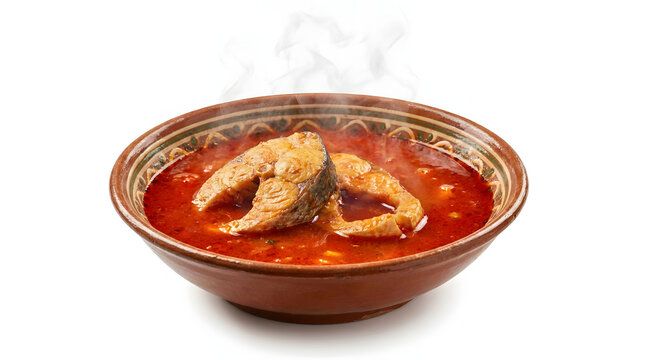 Vibrant red Hungarian Fisherman's soup with carp slices, isolated on a white background. Perfect for seafood menus