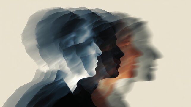 Multiple translucent faces overlap with fluid motion blur showing changes in emotions and thoughts through time and movement