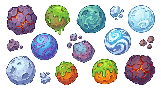 Cartoon planets and asteroids set isolated on white background