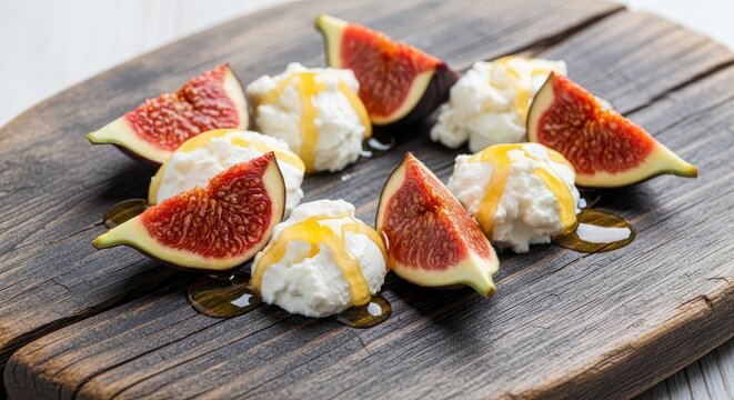 A delicious and elegant appetizer spread featuring sliced fresh figs paired with creamy goat cheese, served on a rustic wooden platter with honey, studio shot, delicious, nutritious