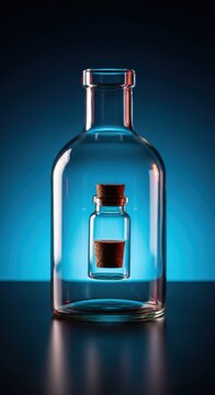 A miniature, corked glass bottle is mysteriously contained within a larger, sealed clear glass bottle, creating an intriguing visual puzzle, enclosed, complexity, studio