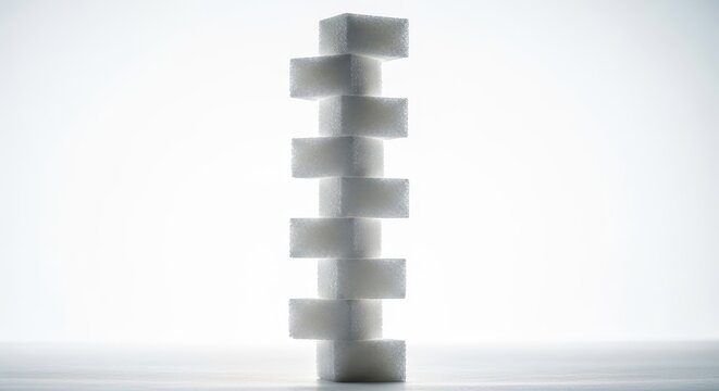 A massive, precarious stack of pure white sugar cubes photographed against a stark, light background, illustrating high sweetness and potential excess, cooking, addiction, consumption