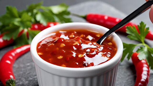 Pouring sweet chili sauce into small white ceramic bowl.