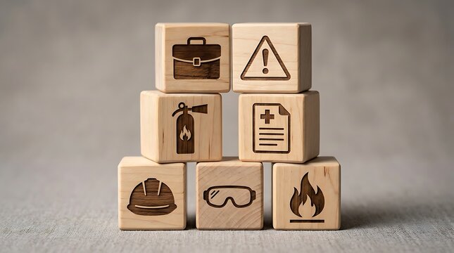 Wooden blocks stacked with health safety and occupational hazard icons representing workplace risk management concepts, occupational
