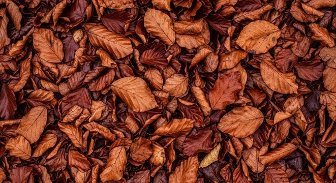 Autumnal background texture of dried copper and brown beech leaves fallen on the forest floor, creating a natural pattern, warm, ground, nature