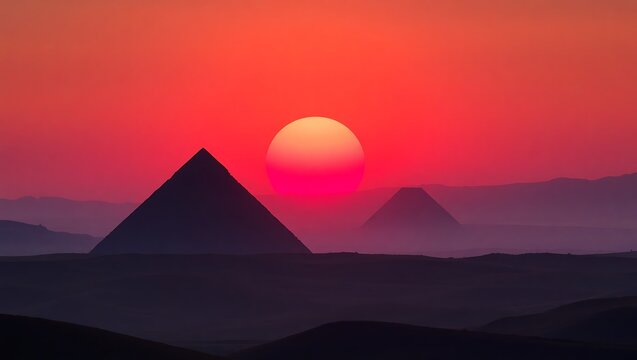 Stunning sunset over the ancient egyptian pyramids in the desert landscape