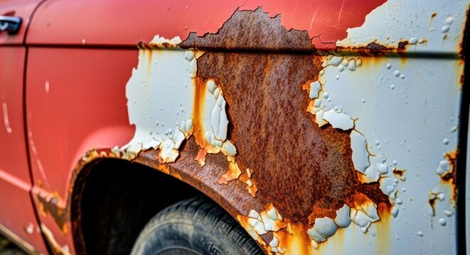 Close-up view of severely rusted metal body panel and fender on an older vehicle, showing paint chipping and deep corrosion pitting, pitted, macro, oxidation