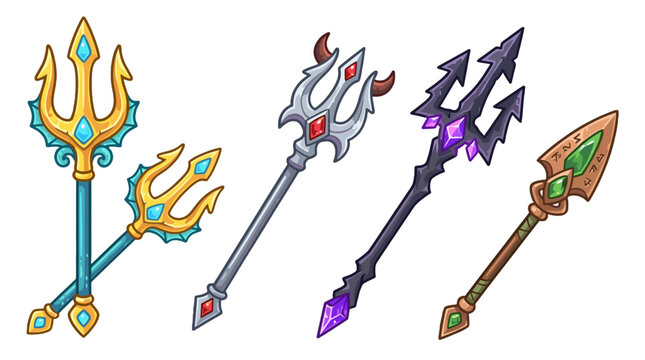 Set of fantasy trident and spear weapons in cartoon style
