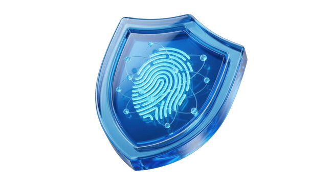 Blue glossy shield with fingerprint and cloud nodes symbolizing biometric security, identity protection, digital safety, privacy access control