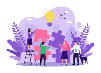 Obraz premium Team assembling puzzle pieces, business concept, teamwork, idea generation
