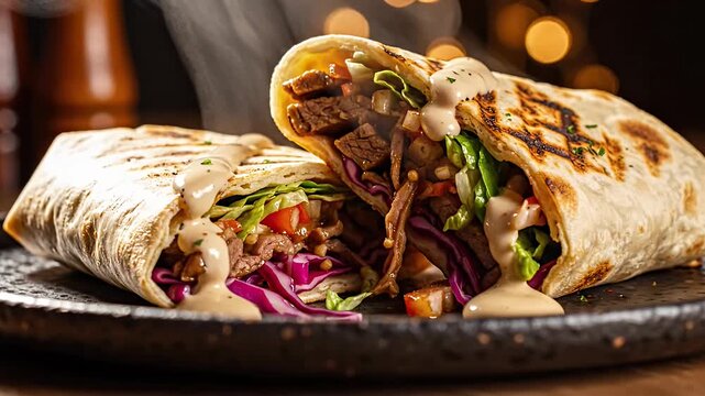 Two steaming burritos with meat and vegetables on plate.