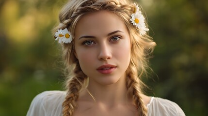 Naklejka premium Young Woman with Braided Hair and Flowers in Natural Outdoor Setting