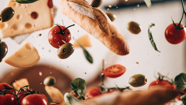 Baguette, tomato, olive, and cheese ingredients fall dynamically against a bright studio background for culinary menu design.