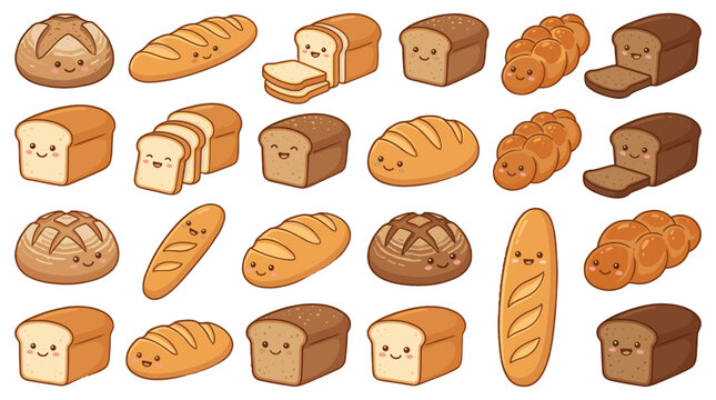 Cute smiling bread and pastry set in kawaii cartoon style