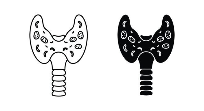 Thyroid gland illustration with and without color