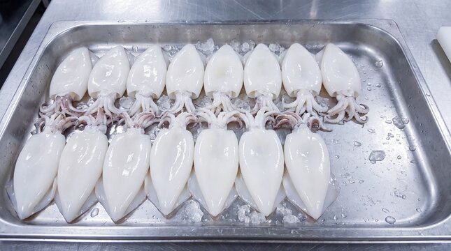 Freshly prepared whole squid arranged on ice in a stainless steel tray, ready for seafood preparation and culinary use.
