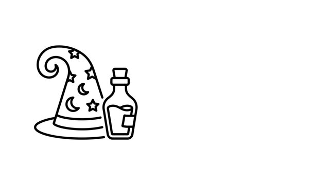 A simple black and white line art illustration of a wizard hat and a potion bottle.