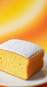 Fluffy golden yellow sponge cake slice dusted heavily with sweet white powdered sugar creating a delicious texture contrast on a simple dish, baked goods, texture, cake