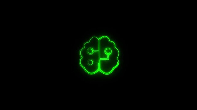 Green Neon Futuristic Cybernetic Brain HUD Logo Loop on Black Background