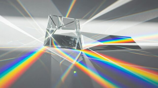 Glass prism refracting bright light beam creating vibrant rainbow spectrum, scientific physics background with magical clear