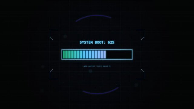 Digital system boot loading progress bar animation with data interface