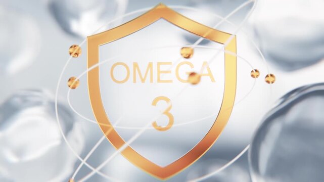 Omega-3 polyunsaturated fatty acid golden shield symbol in 3D animation. EPA and DHA molecular lipid structure background with transparent cells for cardiovascular video