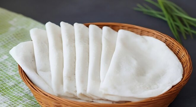 Traditional South Indian Malabar Pathiri Rice Flatbreads Arranged in a Woven Basket