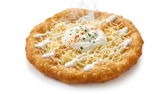 Crispy deep-fried Hungarian langos flatbread topped with cheese and sour cream on a pure white background