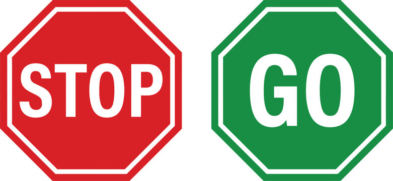 Red stop sign and green go sign with octagonal shape for traffic and decision concepts