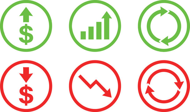 Set of green and red financial business icons showing growth decline and cycle progress signs