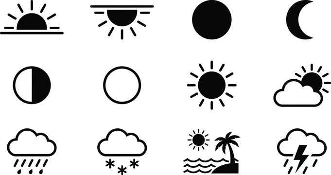 Set of black weather icons showing sun moon clouds rain and snow symbols