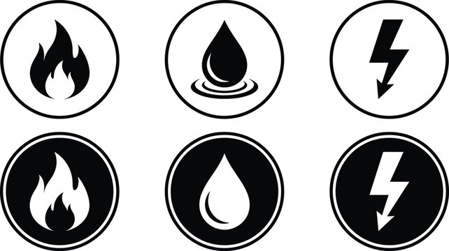 Set of fire water and lightning icons in black and white circular frames